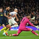 Richarlison of Tottenham Hotspur scores their team's third goal during the Premier League match between Tottenham Hotspur and Newcastle United at Tottenham Hotspur Stadium on December 10, 2023 in London, England. 
