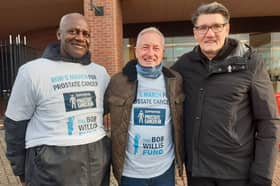 Former SAFC players Gary Bennett, David Hodgson and Mick Harford at the start of the first prostate cancer awareness walk.
