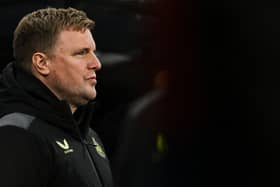 Newcastle United's English head coach Eddie Howe reacts during the UEFA Champions League Group F football match between Newcastle United and AC Milan at St James' Park in Newcastle-upon-Tyne, north east England on December 13, 2023. (Photo by Paul ELLIS / AFP) (Photo by PAUL ELLIS/AFP via Getty Images)