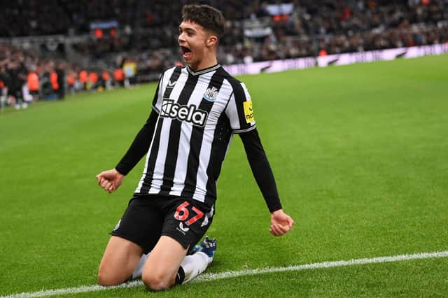 Lewis Miley celebrates his first Newcastle United goal. 