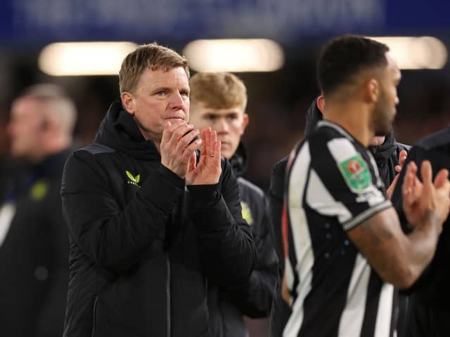 Eddie Howe, Manager of Newcastle United applauds fans following their sides defeat after a penalty shoot out i the Carabao Cup Quarter Final match between Chelsea and Newcastle United at Stamford Bridge on December 19, 2023 in London, England. (Photo by Julian Finney/Getty Images)