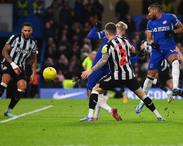 Mykhaylo Mudryk of Chelsea scores their sides first goal during the Carabao Cup Quarter Final match between Chelsea and Newcastle United at Stamford Bridge on December 19, 2023 in London, England. (Photo by Mike Hewitt/Getty Images)