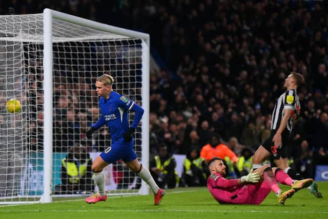 Mykhaylo Mudryk of Chelsea celebrates after scoring their sides first goal during the Carabao Cup Quarter Final match between Chelsea and Newcastle United. (Photo by Mike Hewitt/Getty Images)