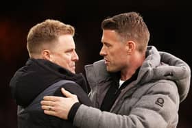 Eddie Howe, Manager of Newcastle United, and Rob Edwards, Manager of Luton Town, interact prior to the Premier League match between Luton Town and Newcastle United at Kenilworth Road on December 23, 2023 in Luton, England. (Photo by Richard Heathcote/Getty Images)
