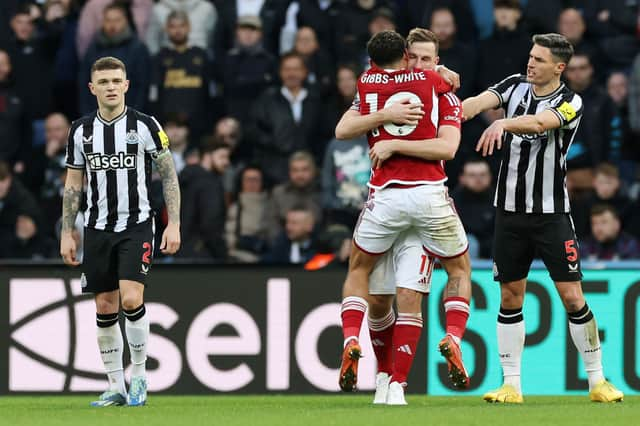 Chris Wood celebrates scoring his third goal at Newcastle United at St James' Park.