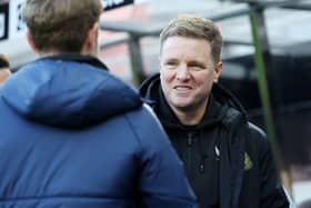 Eddie Howe, Manager of Newcastle United looks on prior to the Premier League match between Newcastle United and Nottingham Forest at St. James Park on December 26, 2023 in Newcastle upon Tyne, England. (Photo by Ian MacNicol/Getty Images)