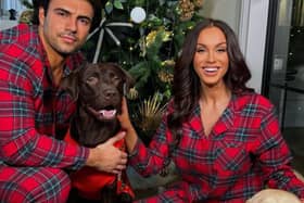 Vicky Pattison with her fiance Ercan and their two dogs in matching pjs.