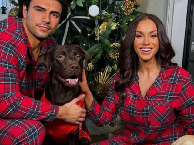 Vicky Pattison with her fiance Ercan and their two dogs in matching pjs.