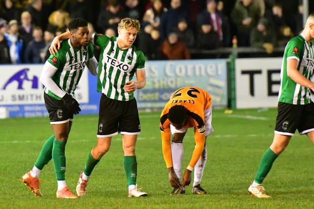 Former South Shields striker JJ Hooper celebrates after scoring a late goal in Blyth Spartans win against his former club (photo Kevin Wilson)