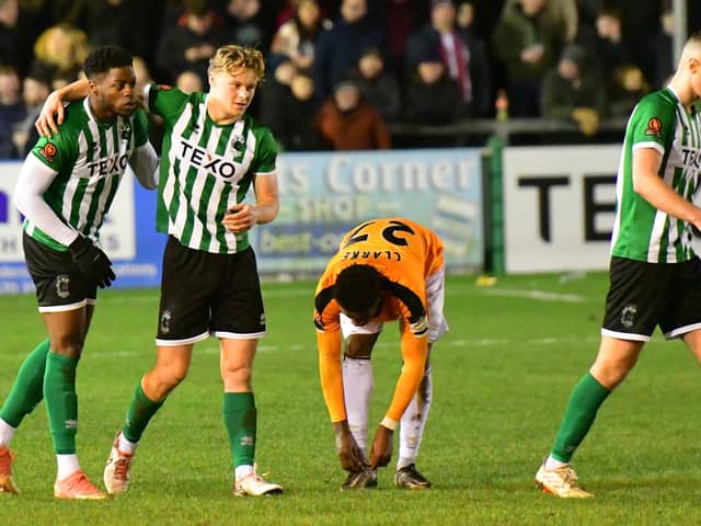 Former South Shields striker JJ Hooper celebrates after scoring a late goal in Blyth Spartans win against his former club (photo Kevin Wilson)