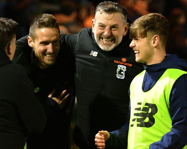 Jon Shaw celebrates during Blyth Spartans' win against South Shields (photo Kevin Wilson)