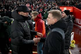Jurgen Klopp manager of Liverpool with Eddie Howe manager of Newcastle United. (Photo by Andrew Powell/Liverpool FC via Getty Images)