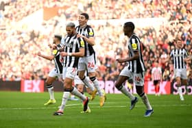 Joelinton of Newcastle United celebrates scoring his team's first goal during the Emirates FA Cup Third Round match between Sunderland and Newcastle United at Stadium of Light on January 06, 2024 in Sunderland, England. (Photo by Michael Regan/Getty Images)