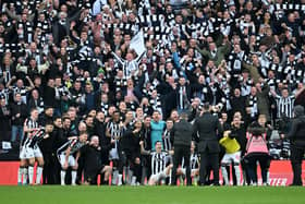 Newcastle United fans celebrate with the players after the team's victory during the Emirates FA Cup Third Round match between Sunderland and Newcastle United at Stadium of Light on January 06, 2024 in Sunderland, England. (Photo by Michael Regan/Getty Images)