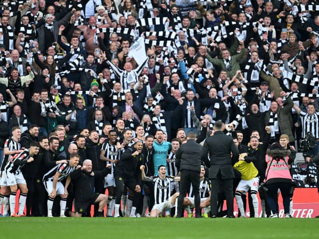Newcastle United fans celebrate with the players after the team's victory during the Emirates FA Cup Third Round match between Sunderland and Newcastle United at Stadium of Light on January 06, 2024 in Sunderland, England. (Photo by Michael Regan/Getty Images)