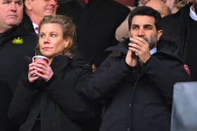 Amanda Staveley and Mehrdad Ghodoussi, co-owners of Newcastle United, look on prior to the Emirates FA Cup Third Round match between Sunderland and Newcastle United at Stadium of Light on January 06, 2024 in Sunderland, England. (Photo by Stu Forster/Getty Images)