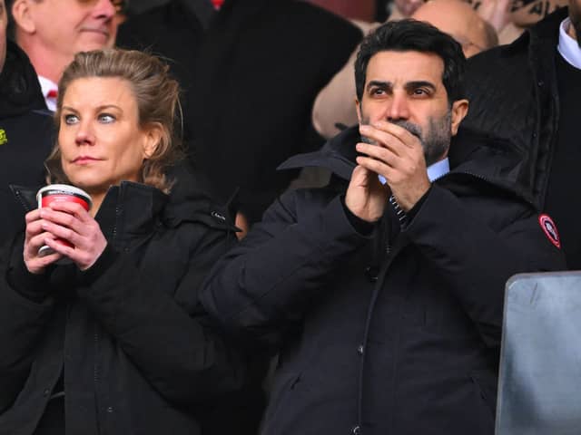 Amanda Staveley and Mehrdad Ghodoussi, co-owners of Newcastle United, look on prior to the Emirates FA Cup Third Round match between Sunderland and Newcastle United at Stadium of Light on January 06, 2024 in Sunderland, England. (Photo by Stu Forster/Getty Images)