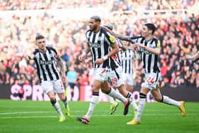 Kieran Trippier, Joelinton, Miguel Almiron and Alexander Isak of Newcastle United celebrate Sunderland scoring an own goal during the Emirates FA Cup Third Round match between Sunderland and Newcastle United at Stadium of Light on January 06, 2024 in Sunderland, England. (Photo by Michael Regan/Getty Images)