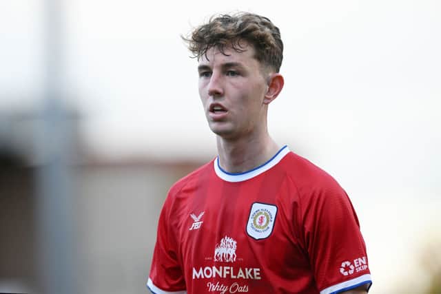 Joe White of Crewe Alexandra during the Emirates FA Cup First Round match between Crewe Alexandra and Derby County at Mornflake Stadium on November 05, 2023 in Crewe, England. (Photo by Ben Roberts Photo/Getty Images)