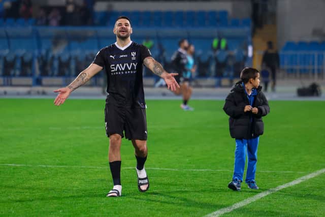 Aleksandar Mitrovic of Al Hilal celebrates victory after the Saudi Pro League match between Al Fayha and Al-Hilal at Prince Faisal Bin Fahad on December 29, 2023 in Riyadh, Saudi Arabia. (Photo by Yasser Bakhsh/Getty Images)