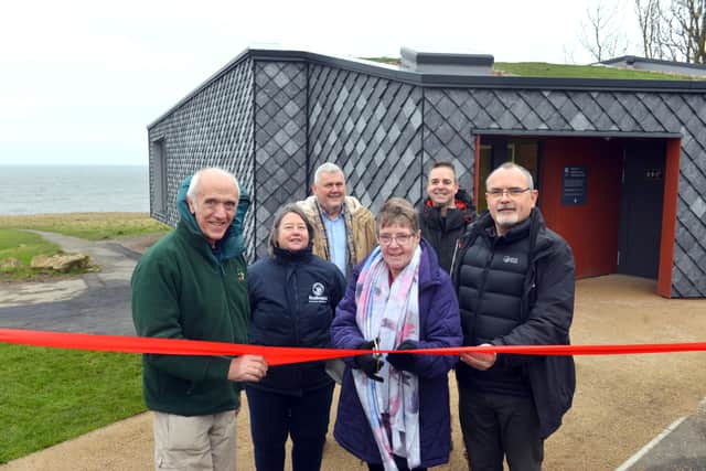 Partner of Gordon Cooper, Janet Faulkner official ribbon cutting at the launch of the new Souter Lighthouse Conservation Centre along with Phil Broughton, David Cooper, Souter General Manager Eric Witon and Jenny Swainston from Seascape.