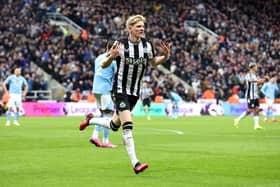 NEWCASTLE UPON TYNE, ENGLAND - JANUARY 13: Anthony Gordon of Newcastle United celebrates scoring his team's second goal during the Premier League match between Newcastle United and Manchester City at St. James Park on January 13, 2024 in Newcastle upon Tyne, England. (Photo by Alex Livesey/Getty Images)