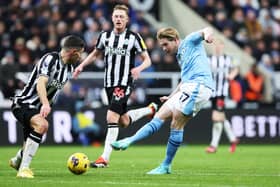 Kevin De Bruyne of Manchester City scores his team's second goal  during the Premier League match between Newcastle United and Manchester City at St. James Park on January 13, 2024 in Newcastle upon Tyne, England. (Photo by Alex Livesey/Getty Images)