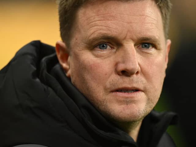 Newcastle United's English head coach Eddie Howe looks on ahead of kick-off in the English Premier League football match between Newcastle United and Manchester City at St James' Park in Newcastle-upon-Tyne, north east England on January 13, 2024. (Photo by Oli SCARFF / AFP)