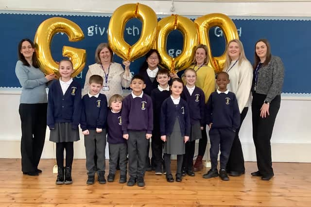 Children and staff celebrate St Gregory’s Catholic Primary School’s ‘Good’
Ofsted rating.