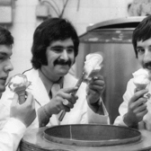 Romano Michella, centre with cousins, Trevor, left and Michael as they sample the ice cream that won them top honours in Paris in 1971. 