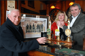 Artist Bob Olley with pub owners Alison and Jess McConell as they pulled the first pint of a new brew called Westoe Netty in 2006