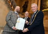 Cllr Paul Dean (left) presenting the award to the Mayor, Cllr John McCabe, with Joe Mills from NAAFI Break (middle). Photo: South Tyneside Council.