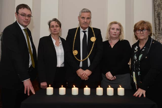 Councillor John McCabe, the Mayor of South Tyneside (centre), with South Tyneside Council Chief Executive Jonathan Tew, Jarrow MP Kate Osbourne, South Shields MP Emma Lewell-Buck and Council Leader, Councillor Tracey Dixon. Photo: South Tyneside Council.