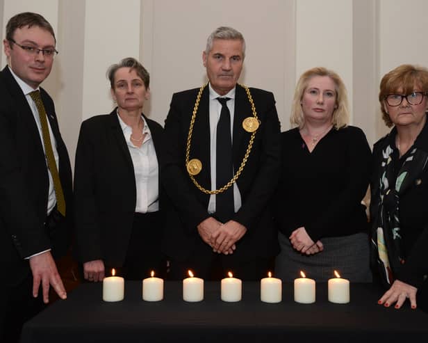 Councillor John McCabe, the Mayor of South Tyneside (centre), with South Tyneside Council Chief Executive Jonathan Tew, Jarrow MP Kate Osbourne, South Shields MP Emma Lewell-Buck and Council Leader, Councillor Tracey Dixon. Photo: South Tyneside Council.