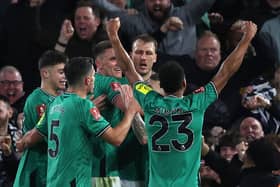 Newcastle United's English defender #33 Dan Burn (C) celebrates with teammates after scoring their second goal during the English FA Cup fourth round football match between Fulham and Newcastle United at Craven Cottage in London on January 27, 2024. (Photo by Adrian DENNIS / AFP)