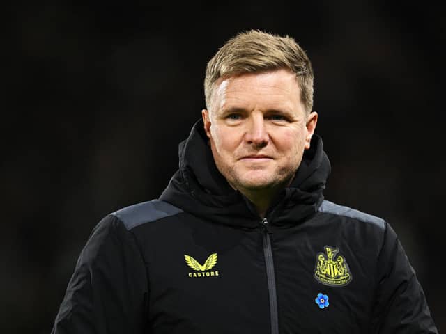 Eddie Howe, Manager of Newcastle United, looks on prior to the Emirates FA Cup Fourth Round match between Fulham and Newcastle United at Craven Cottage on January 27, 2024 in London, England. (Photo by Justin Setterfield/Getty Images)