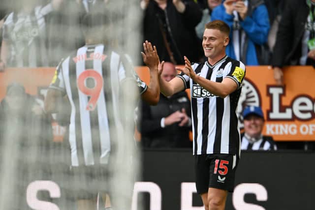 Harvey Barnes celebrates scoring against Aston Villa on his Premier League debut for Newcastle. 