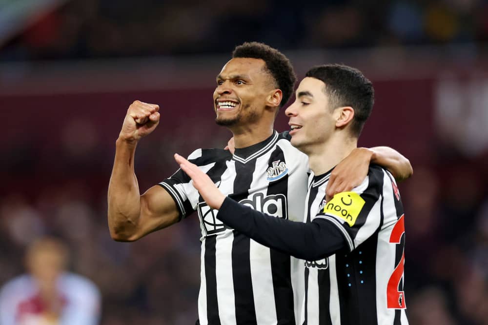 Miguel Almiron and Jacob Murphy celebrate Newcastle United's third goal against Aston Villa. 