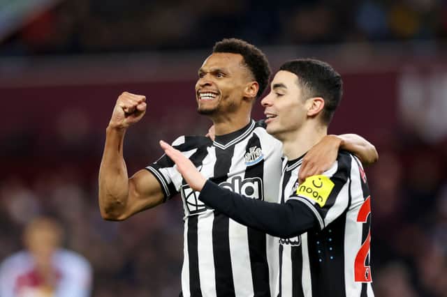 Miguel Almiron and Jacob Murphy celebrate for Newcastle United at Aston Villa. 