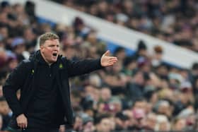 Newcastle United's English head coach Eddie Howe reacts during the English Premier League football match between Aston Villa and Newcastle United at Villa Park in Birmingham, central England on January 30, 2024. (Photo by Adrian DENNIS / AFP)