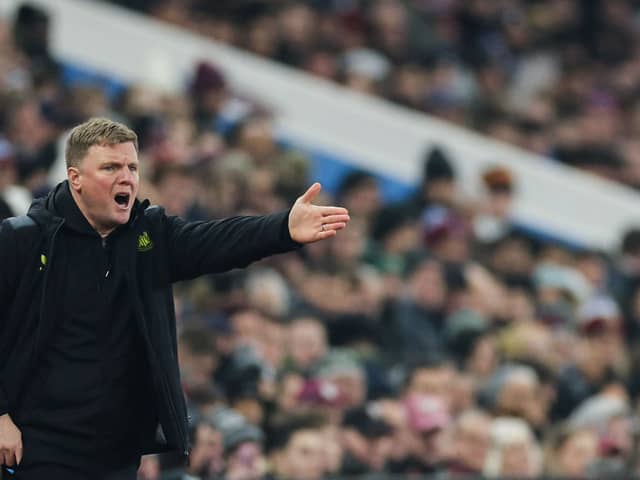 Newcastle United's English head coach Eddie Howe reacts during the English Premier League football match between Aston Villa and Newcastle United at Villa Park in Birmingham, central England on January 30, 2024. (Photo by Adrian DENNIS / AFP)