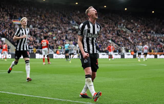 Sean Longstaff of Newcastle United celebrates scoring his team's second goal during the Premier League match between Newcastle United and Luton Town at St. James Park on February 03, 2024 in Newcastle upon Tyne, England. (Photo by George Wood/Getty Images)