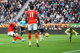 Ross Barkley of Luton Town scores his team's second goal during the Premier League match between Newcastle United and Luton Town at St. James Park on February 03, 2024 in Newcastle upon Tyne, England. (Photo by Matt McNulty/Getty Images)