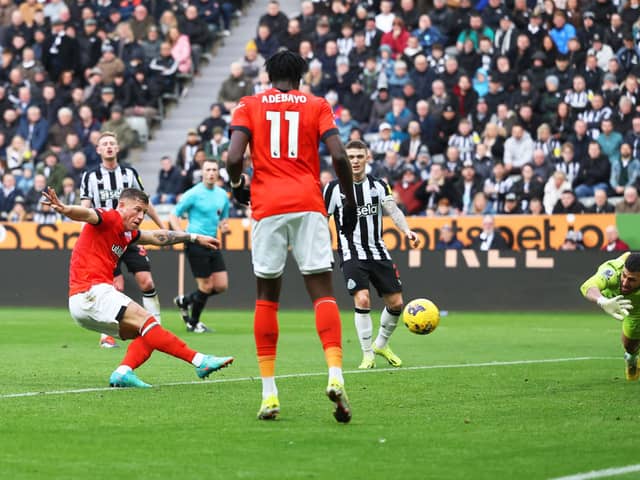 Ross Barkley of Luton Town scores his team's second goal during the Premier League match between Newcastle United and Luton Town at St. James Park on February 03, 2024 in Newcastle upon Tyne, England. (Photo by Matt McNulty/Getty Images)