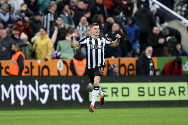 Harvey Barnes celebrates his goal for Newcastle United. 