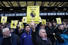 A general view of Everton fans holding banners reading 'you don't know what you're doing' during the Premier League match between Everton FC and Tottenham Hotspur at Goodison Park on February 03, 2024 in Liverpool, England. (Photo by Clive Brunskill/Getty Images)