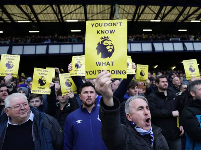 A general view of Everton fans holding banners reading 'you don't know what you're doing' during the Premier League match between Everton FC and Tottenham Hotspur at Goodison Park on February 03, 2024 in Liverpool, England. (Photo by Clive Brunskill/Getty Images)