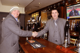 The Ship and Royal pub in Ocean Road, South Shields. Manager Stan Mckeith greets one of his regular customers. Who can tell us more? 