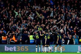Bruno Guimaraes celebrating. Guimaraes scored twice as Newcastle United defeated Nottingham Forest 3-2 in the Premier League.