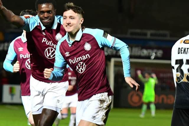 Dylan Stephenson celebrates his second goal in South Shields 2-1 home win against Scunthorpe United (photo Kevin Wilson)